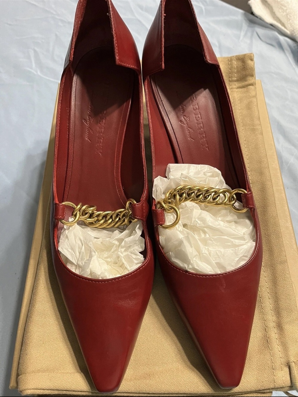 Burberry Red Pointed Toe Leather heels with Gold Chain